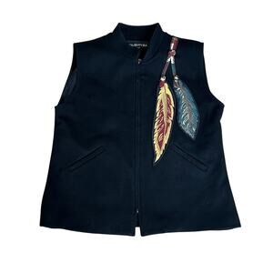 Vintage Coloratura Wool Feather Vest Black Unique Western Southwestern XL OOAK